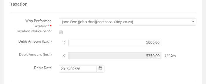 Creating amounts and dates relating to the taxation of bill of costs and efforts