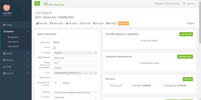 Managing defendants and plaintiffs on the matter screen